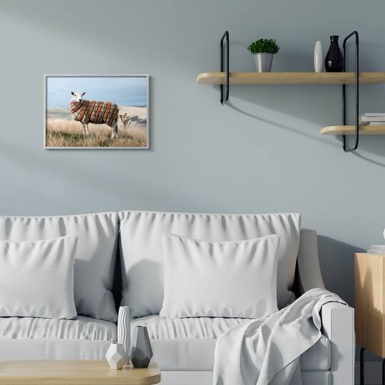 Stupell Industries Sweater Weather Sheep Animal Farm Plaid Gray Framed Wall Art